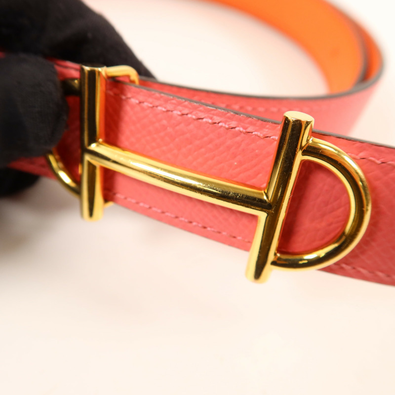 HERMES Epsom皮革Belt金扣皮帶Rose Azalee-8