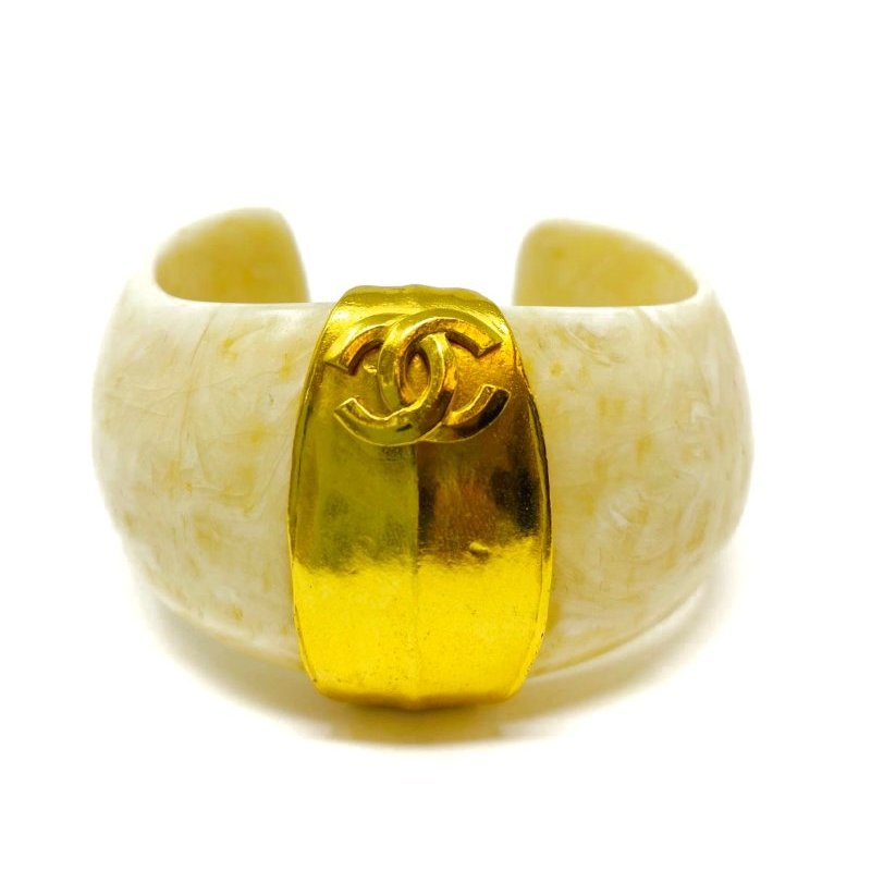 Chanel 香奈兒 復古 白色 樹脂 闊手鐲 Cuff 金色 雙C CC Logo 1998年-1