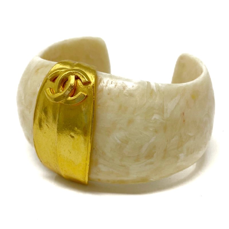 Chanel 香奈兒 復古 白色 樹脂 闊手鐲 Cuff 金色 雙C CC Logo 1998年-4