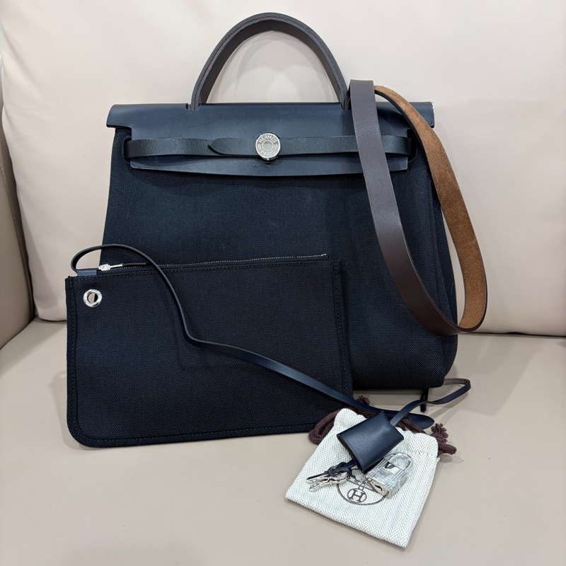 愛馬仕herbag31 黑藍粽三拼色 有子袋 鑰匙 鎖。-0