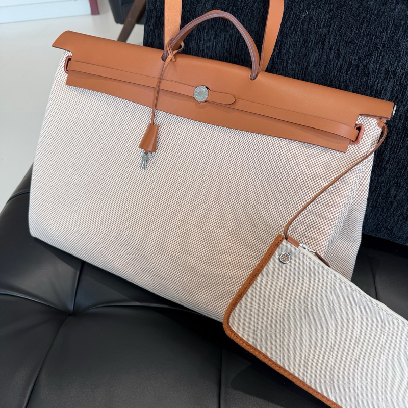 愛馬仕/Hermers HerBag 50男士旅行棕色格子帆布手提包銀扣-0