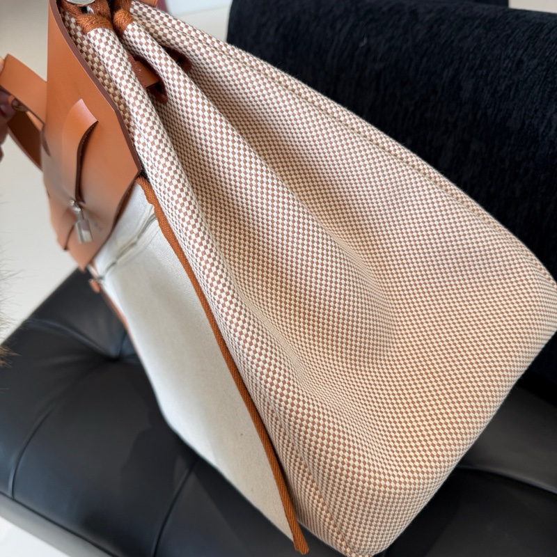 愛馬仕/Hermers HerBag 50男士旅行棕色格子帆布手提包銀扣-2