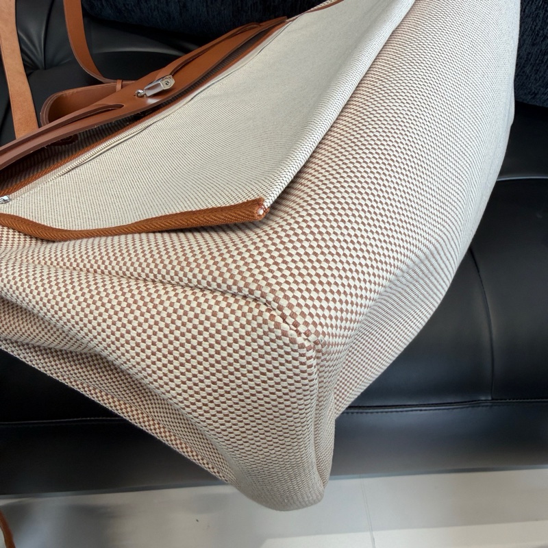 愛馬仕/Hermers HerBag 50男士旅行棕色格子帆布手提包銀扣-5