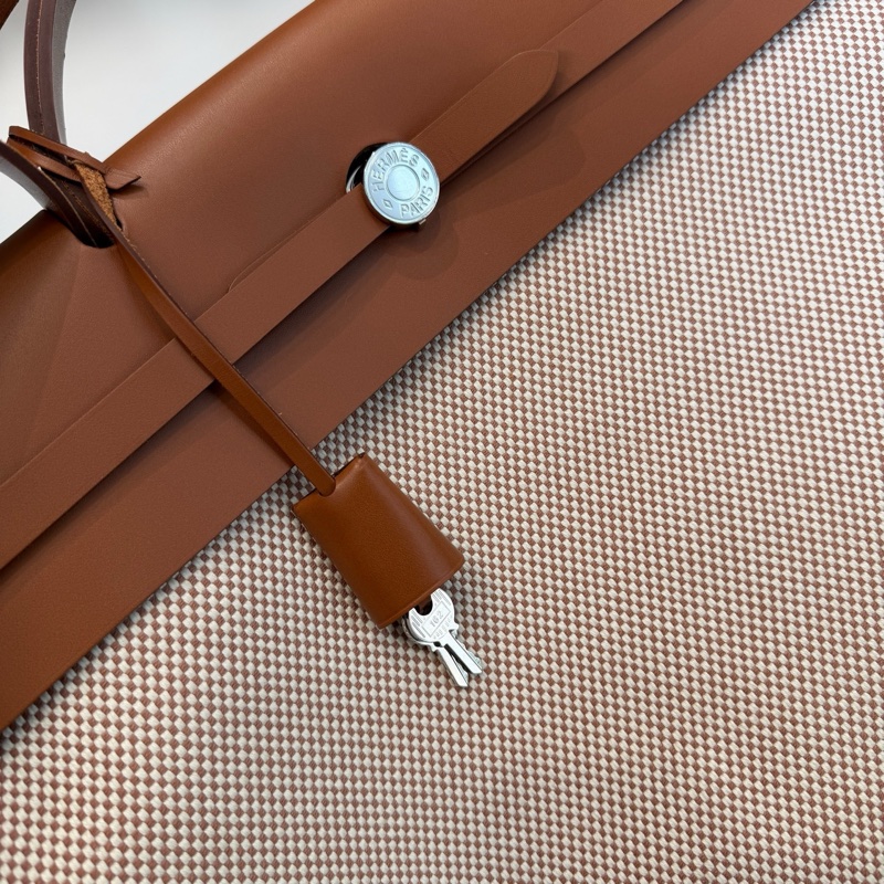 愛馬仕/Hermers HerBag 50男士旅行棕色格子帆布手提包銀扣-7