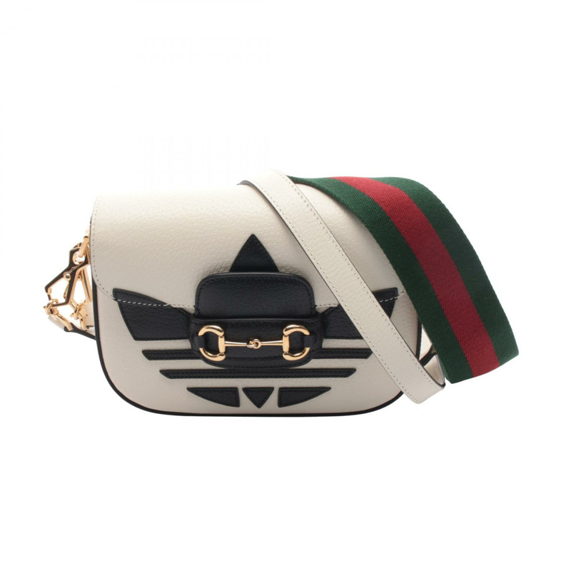 GUCCI × adidas Horsebit 1955 單肩包 658574 皮革 白色 黑色 二手 女款-0