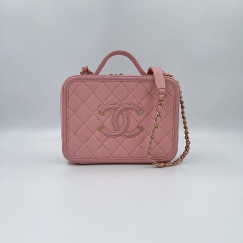 CHANEL水蜜桃粉金釦VANITY CASE中號化妝箱包A93343