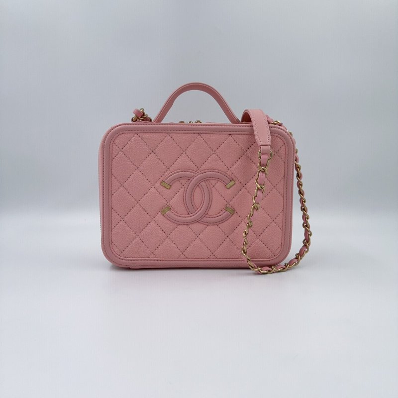 CHANEL水蜜桃粉金釦VANITY CASE中號化妝箱包A93343-0