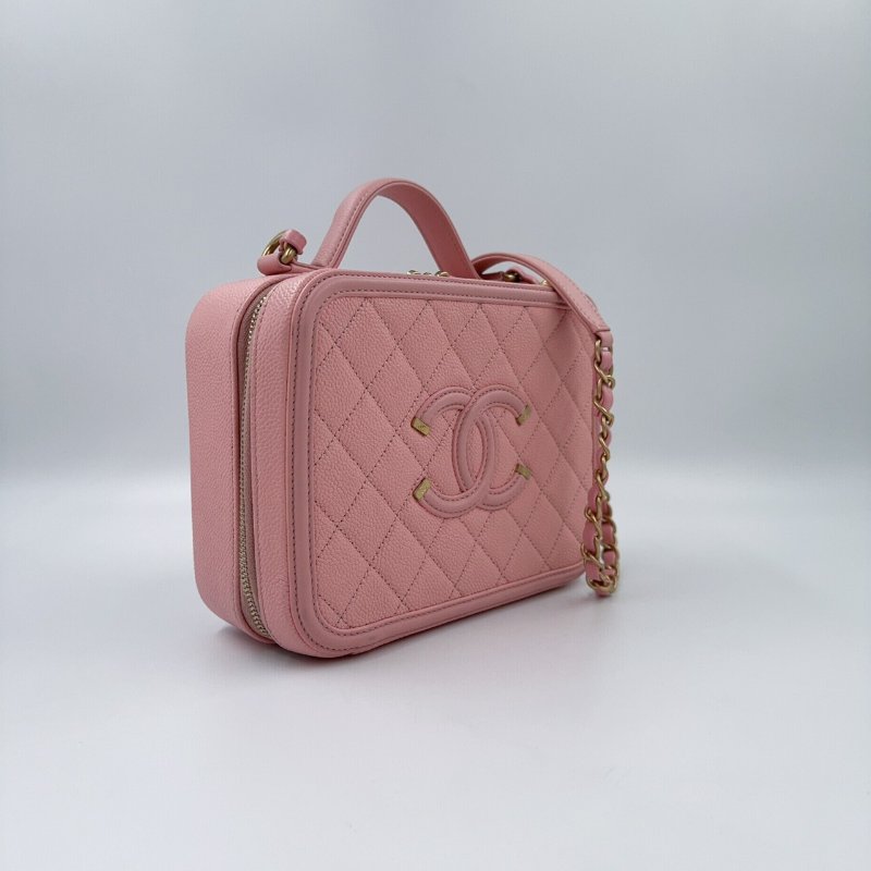 CHANEL水蜜桃粉金釦VANITY CASE中號化妝箱包A93343-2