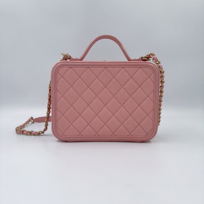 CHANEL水蜜桃粉金釦VANITY CASE中號化妝箱包A93343-4