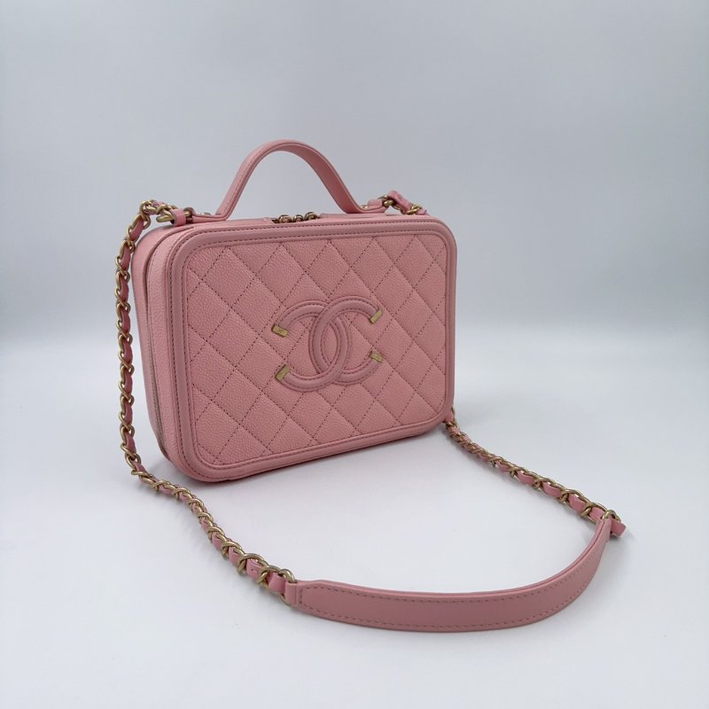 CHANEL水蜜桃粉金釦VANITY CASE中號化妝箱包A93343-6