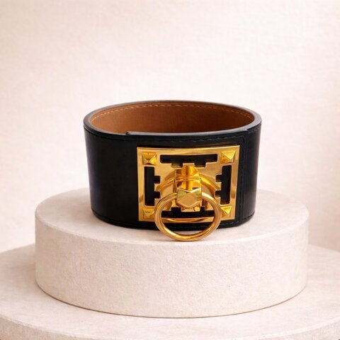 Hermes 愛馬仕 Creneau 手鐲 黑色 皮革 18k 鍍金黃銅 金色