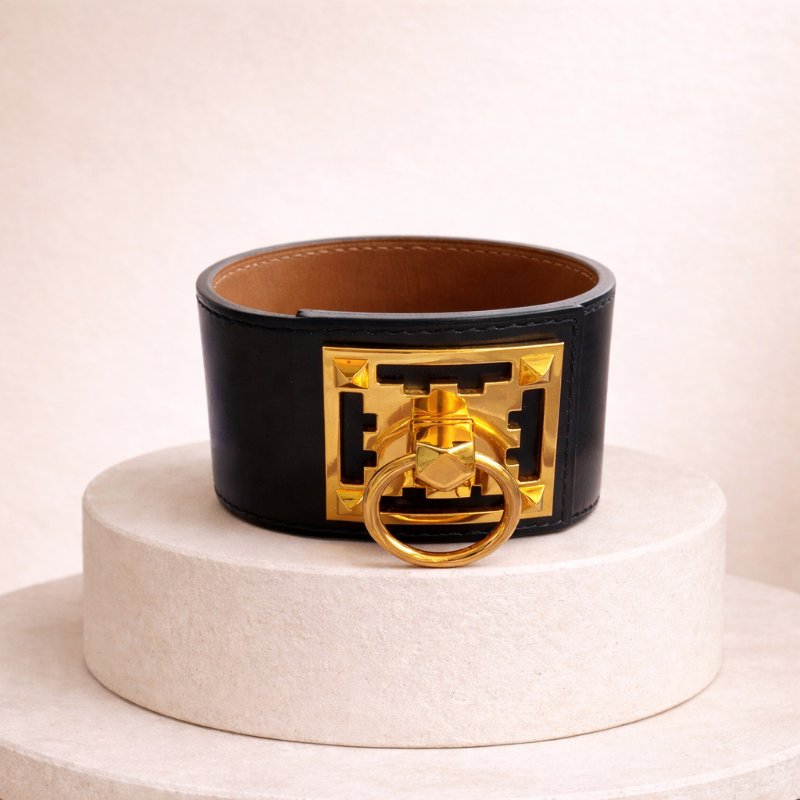 Hermes 愛馬仕 Creneau 手鐲 黑色 皮革 18k 鍍金黃銅 金色-0