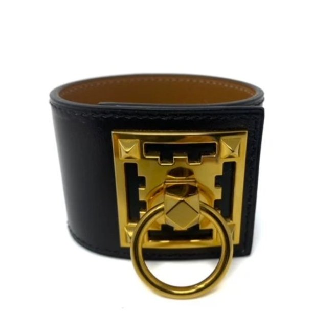 Hermes 愛馬仕 Creneau 手鐲 黑色 皮革 18k 鍍金黃銅 金色-1