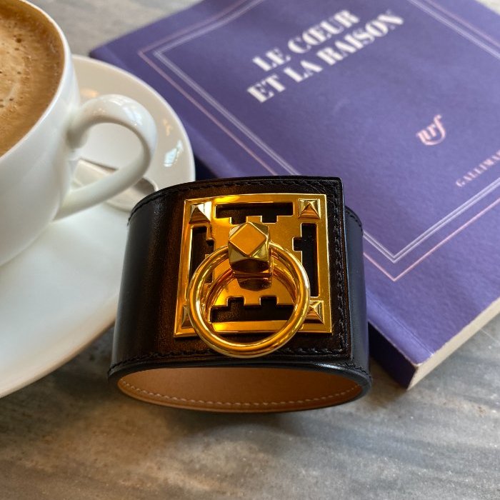 Hermes 愛馬仕 Creneau 手鐲 黑色 皮革 18k 鍍金黃銅 金色-6