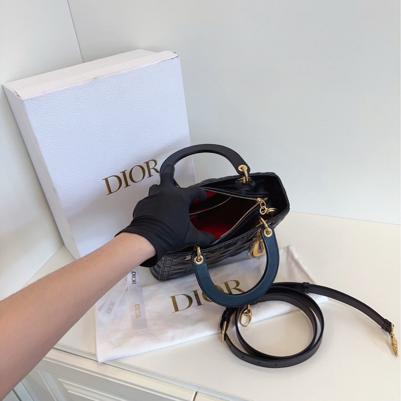 【98新帶膜🆕】Dior lady dior 中號 黑金 羊皮 五格戴妃包-8