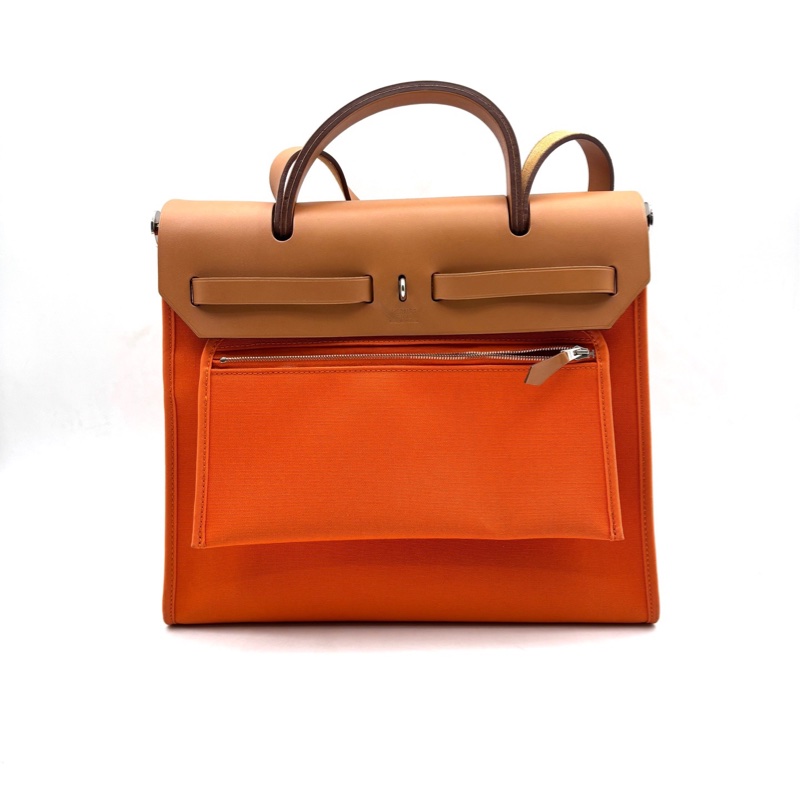 HERMES愛馬仕 Herbag Zip 31 銀扣 Officier帆布拼Hunter牛皮 單肩斜挎手提包 愛馬仕橙/茶色 尺寸31*10*25cm 附件防塵袋鎖頭鑰匙 成色97新-1