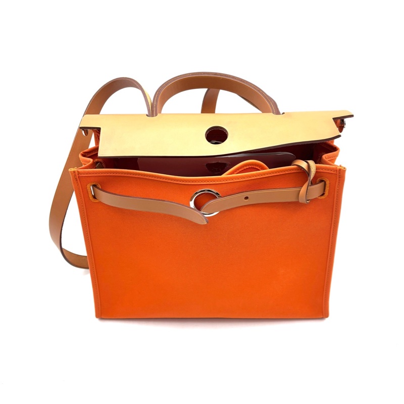 HERMES愛馬仕 Herbag Zip 31 銀扣 Officier帆布拼Hunter牛皮 單肩斜挎手提包 愛馬仕橙/茶色 尺寸31*10*25cm 附件防塵袋鎖頭鑰匙 成色97新-7