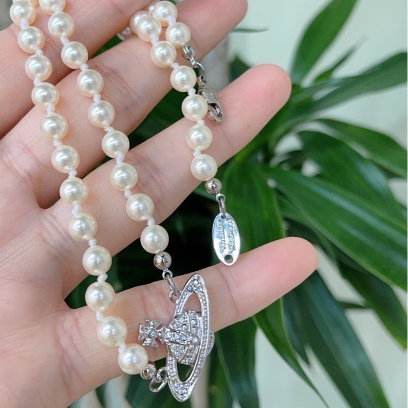 【購證全套99新✨全網最低價】Vivienne Westwood/西太后 MINI BAS RELIEF浮雕土星吊墜 珍珠項鏈 銀色-2