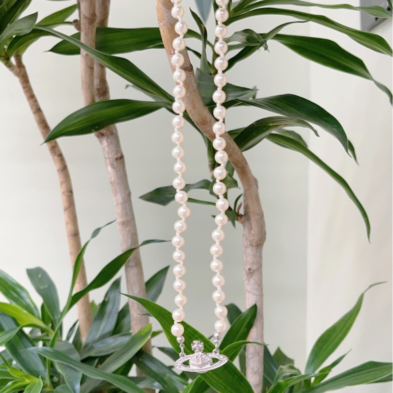 【購證全套99新✨全網最低價】Vivienne Westwood/西太后 MINI BAS RELIEF浮雕土星吊墜 珍珠項鏈 銀色-3