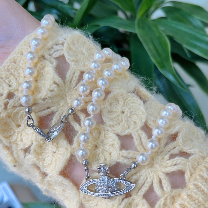 【購證全套99新✨全網最低價】Vivienne Westwood/西太后 MINI BAS RELIEF浮雕土星吊墜 珍珠項鏈 銀色-4
