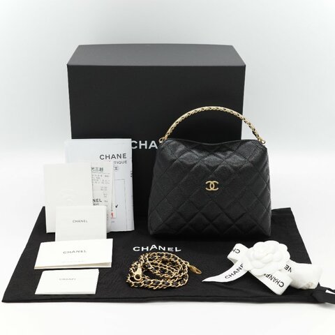 新款全網最低♥️品牌月特價下個月恢復原價（近新全配♥️購買憑證）Chanel 香奈兒 黑色 粒面牛皮 金屬手柄雕花 黑金色皮穿鏈 手提包 斜挎包 兩用