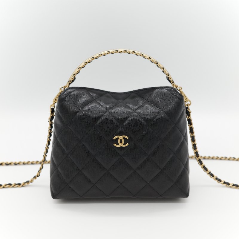 新款全網最低♥️品牌月特價下個月恢復原價(近新全配♥️購買憑證)Chanel 香奈兒 黑色 粒面牛皮 金屬手柄雕花 黑金色皮穿鏈 手提包 斜挎包 兩用-1