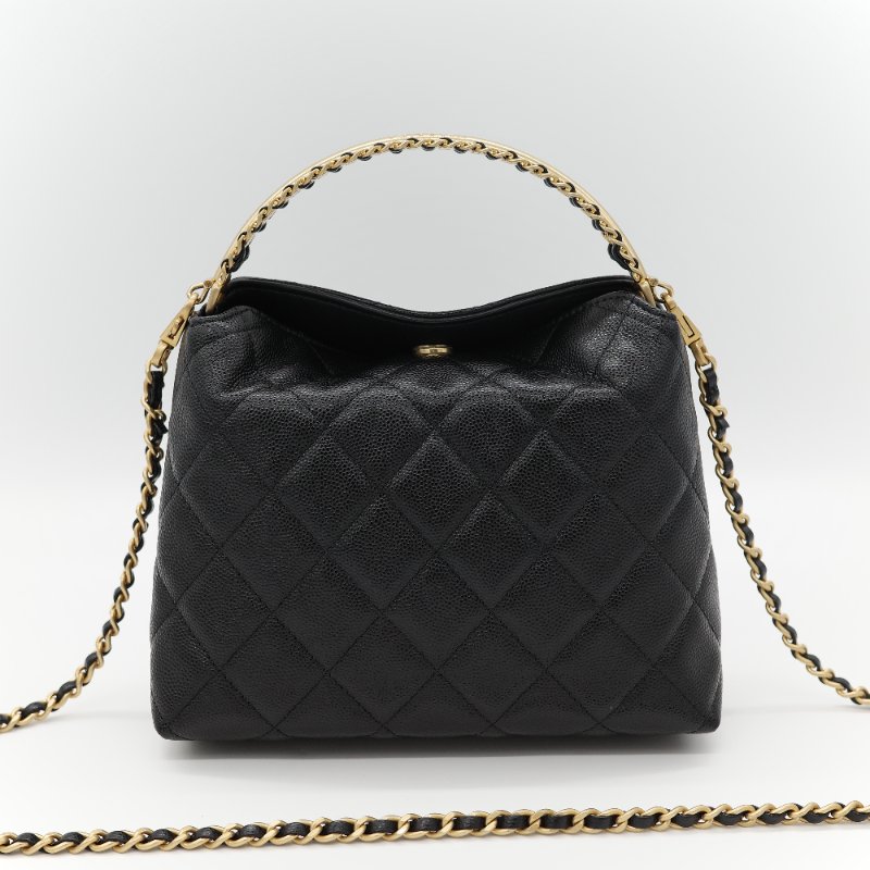 新款全網最低♥️品牌月特價下個月恢復原價(近新全配♥️購買憑證)Chanel 香奈兒 黑色 粒面牛皮 金屬手柄雕花 黑金色皮穿鏈 手提包 斜挎包 兩用-2