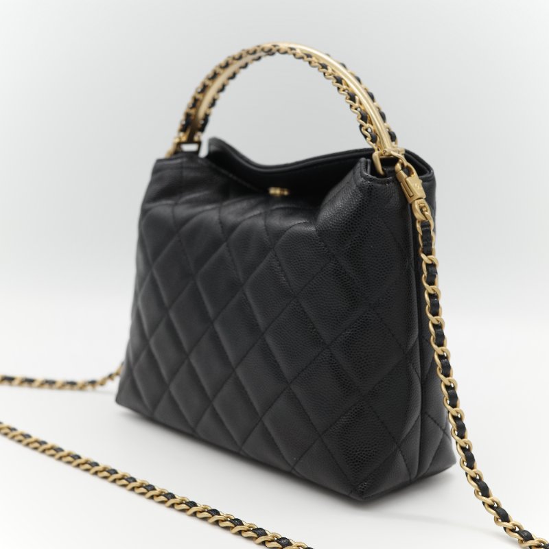 新款全網最低♥️品牌月特價下個月恢復原價(近新全配♥️購買憑證)Chanel 香奈兒 黑色 粒面牛皮 金屬手柄雕花 黑金色皮穿鏈 手提包 斜挎包 兩用-4