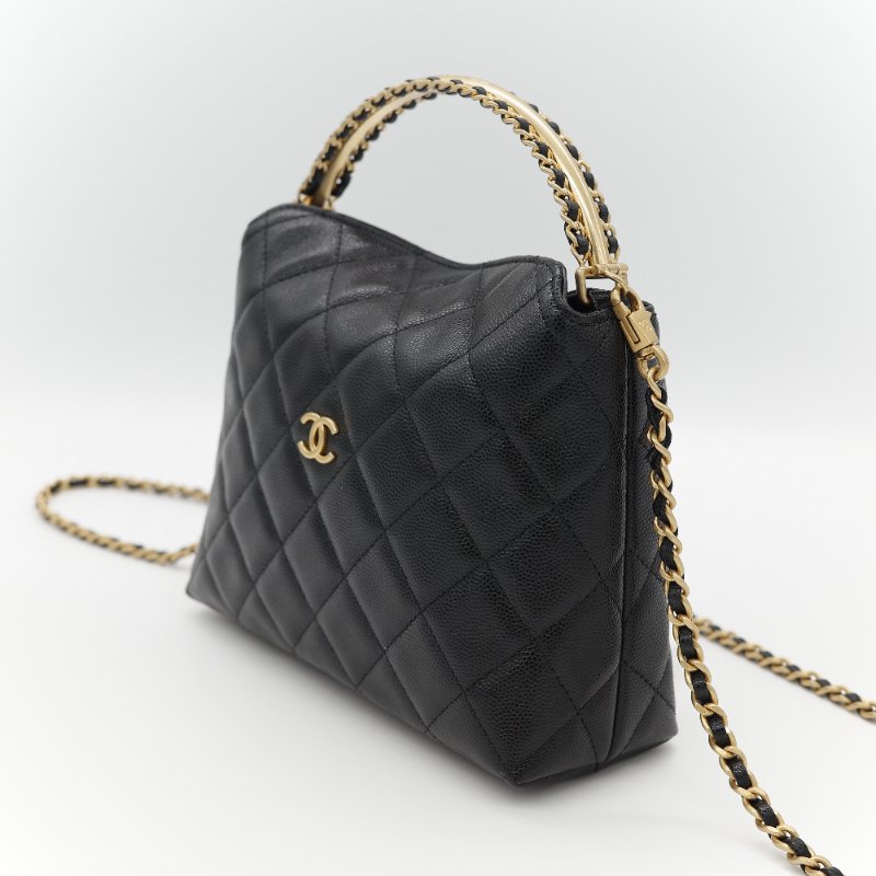 新款全網最低♥️品牌月特價下個月恢復原價(近新全配♥️購買憑證)Chanel 香奈兒 黑色 粒面牛皮 金屬手柄雕花 黑金色皮穿鏈 手提包 斜挎包 兩用-5