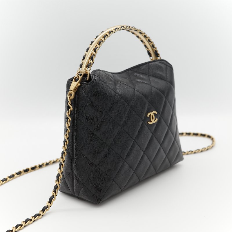新款全網最低♥️品牌月特價下個月恢復原價(近新全配♥️購買憑證)Chanel 香奈兒 黑色 粒面牛皮 金屬手柄雕花 黑金色皮穿鏈 手提包 斜挎包 兩用-6