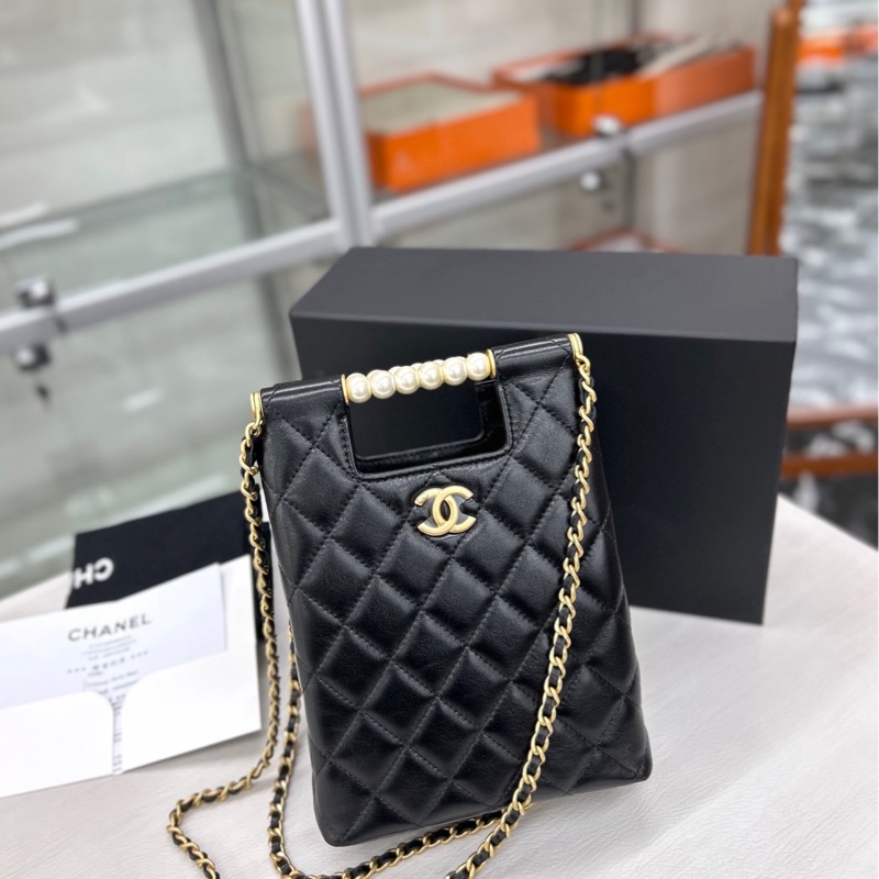 【全新閒置】 Chanel 25P芯片 黑金 竪版珍珠手柄鏈條包 手提單肩包-0