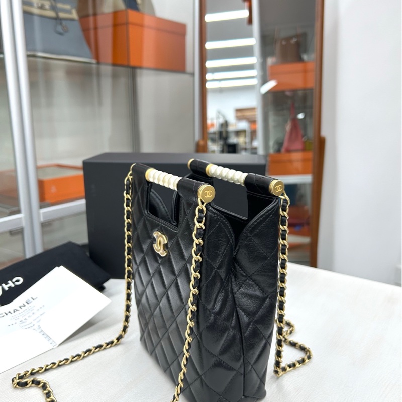 【全新閒置】 Chanel 25P芯片 黑金 竪版珍珠手柄鏈條包 手提單肩包-3