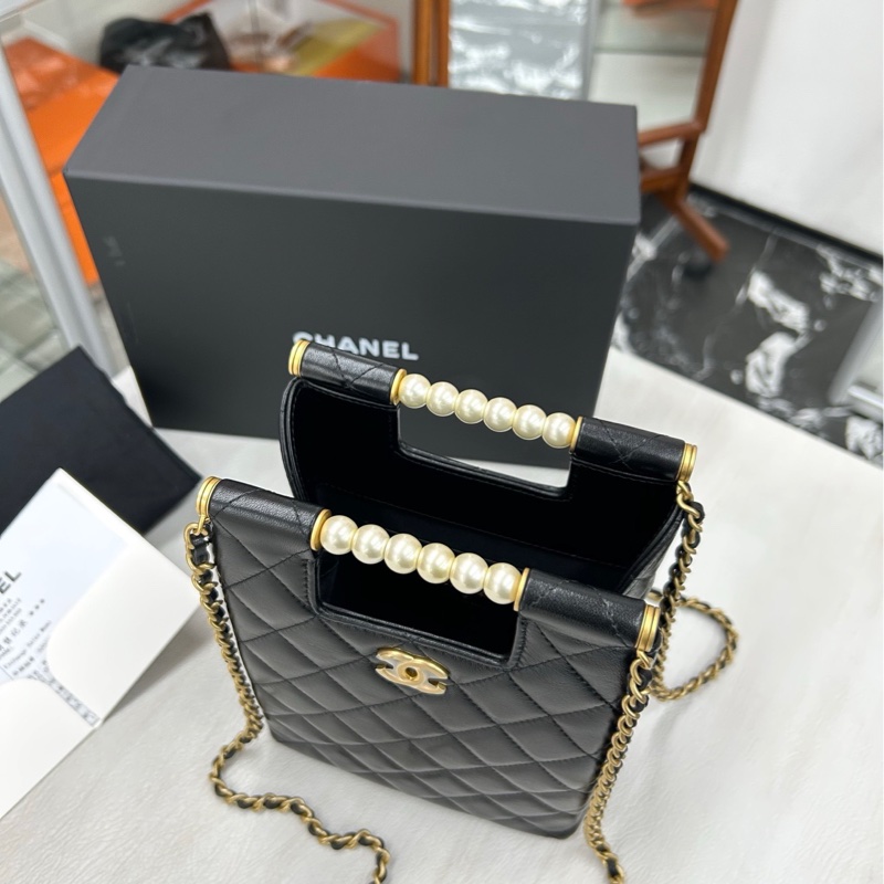 【全新閒置】 Chanel 25P芯片 黑金 竪版珍珠手柄鏈條包 手提單肩包-4