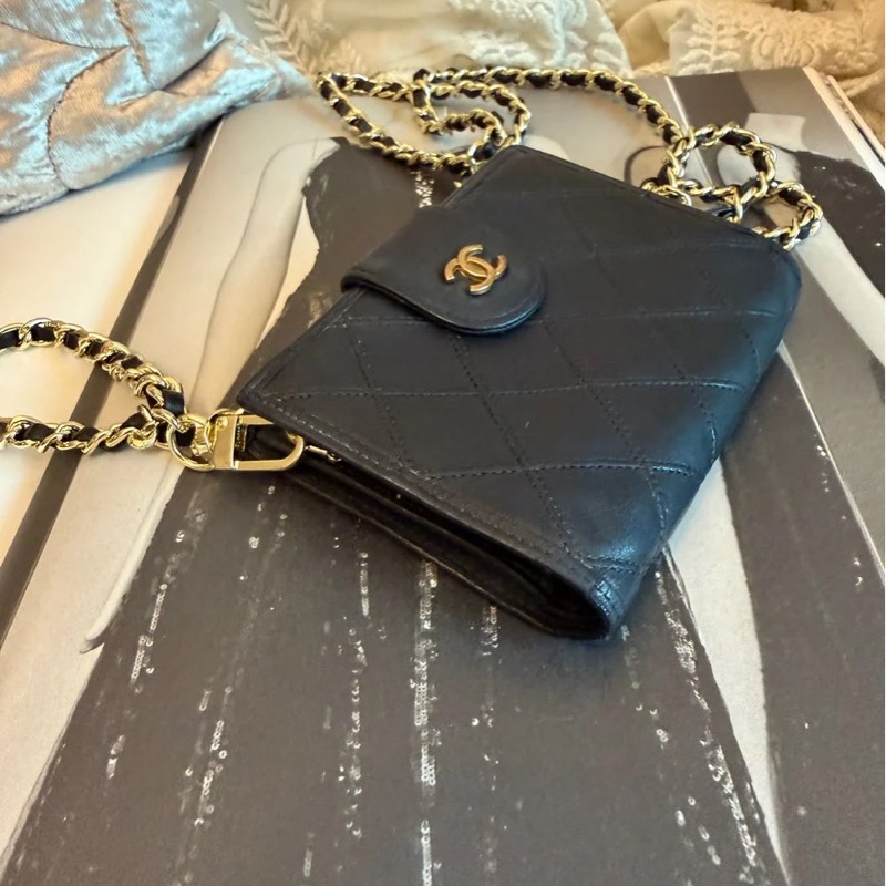 香奈兒 黑色 皮革包 銀包 /中古 vintage Chanel黑色 皮革中夾 皮夾 錢包 短夾二手包 小包 古董-3