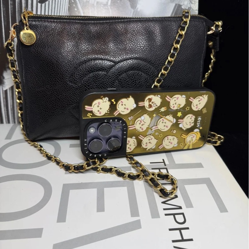 香奈兒 中古包 Chanel 黑金 魚子醬 皮革包 側背包 斜背包 二手古董包 黑色 小包 古董 中古二手Chanel黑色魚子醬皮革側背包斜背包 皮革包 單肩包 古董-8