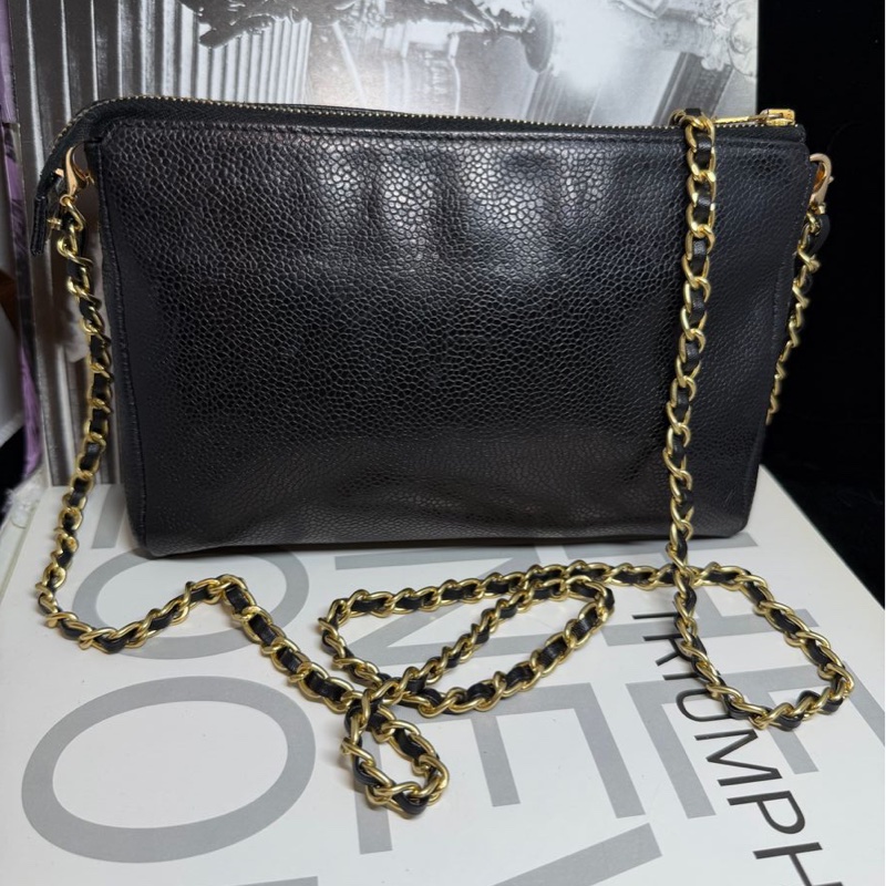 香奈兒 中古包 Chanel 黑金 魚子醬 皮革包 側背包 斜背包 二手古董包 黑色 小包 古董 中古二手Chanel黑色魚子醬皮革側背包斜背包 皮革包 單肩包 古董-14