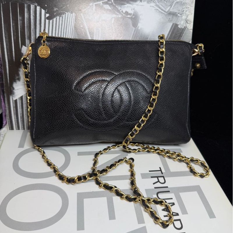 香奈兒 中古包 Chanel 黑金 魚子醬 皮革包 側背包 斜背包 二手古董包 黑色 小包 古董 中古二手Chanel黑色魚子醬皮革側背包斜背包 皮革包 單肩包 古董-19