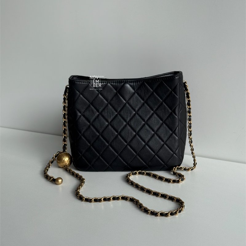 99新🆕 芯片款 Chanel 香奈兒 金球hobo斜背包 黑金-5