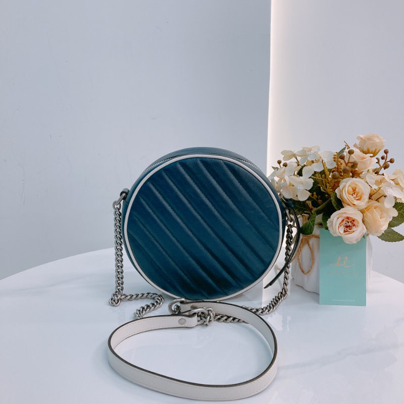 MS0600 Gucci 古馳 圓餅 斜背 牛皮 斜紋 軍藍色 螺絲紋銀扣 GG Marmont Round Bag Mini Calfskin Navy and White x PHW-1