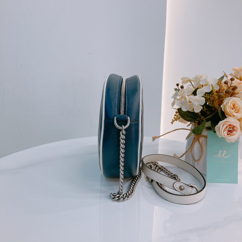 MS0600 Gucci 古馳 圓餅 斜背 牛皮 斜紋 軍藍色 螺絲紋銀扣 GG Marmont Round Bag Mini Calfskin Navy and White x PHW-3