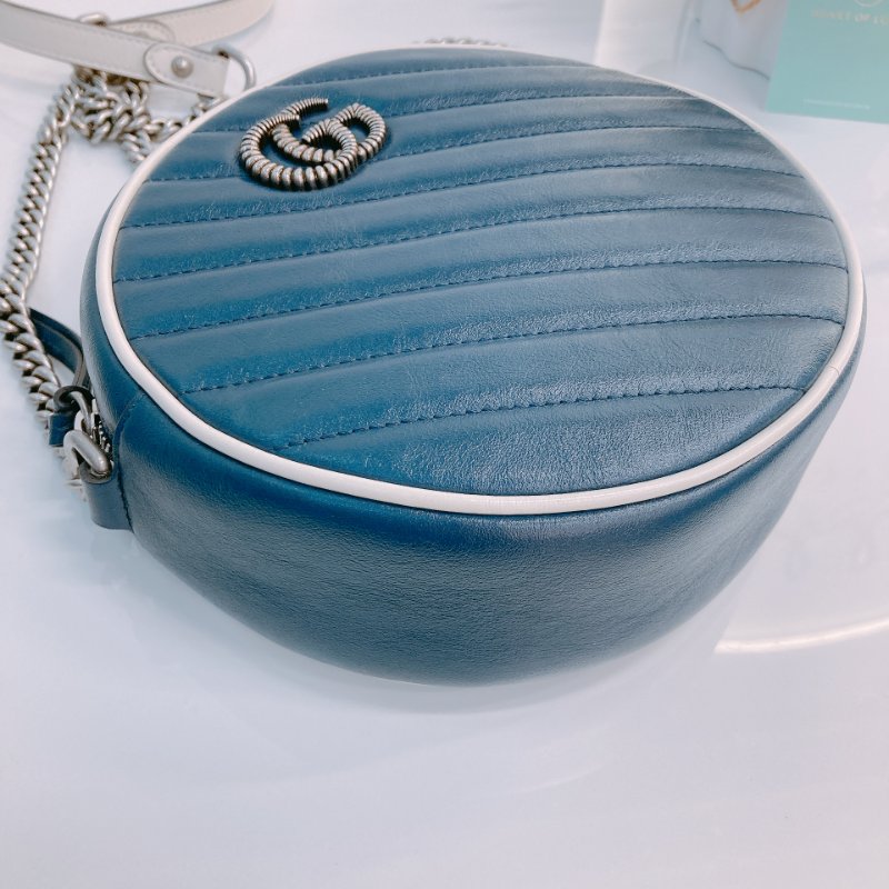 MS0600 Gucci 古馳 圓餅 斜背 牛皮 斜紋 軍藍色 螺絲紋銀扣 GG Marmont Round Bag Mini Calfskin Navy and White x PHW-5