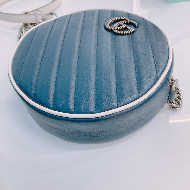 MS0600 Gucci 古馳 圓餅 斜背 牛皮 斜紋 軍藍色 螺絲紋銀扣 GG Marmont Round Bag Mini Calfskin Navy and White x PHW-6