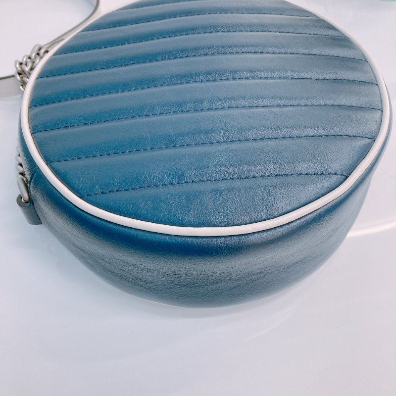 MS0600 Gucci 古馳 圓餅 斜背 牛皮 斜紋 軍藍色 螺絲紋銀扣 GG Marmont Round Bag Mini Calfskin Navy and White x PHW-7