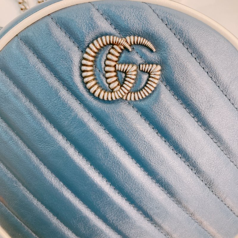 MS0600 Gucci 古馳 圓餅 斜背 牛皮 斜紋 軍藍色 螺絲紋銀扣 GG Marmont Round Bag Mini Calfskin Navy and White x PHW-10