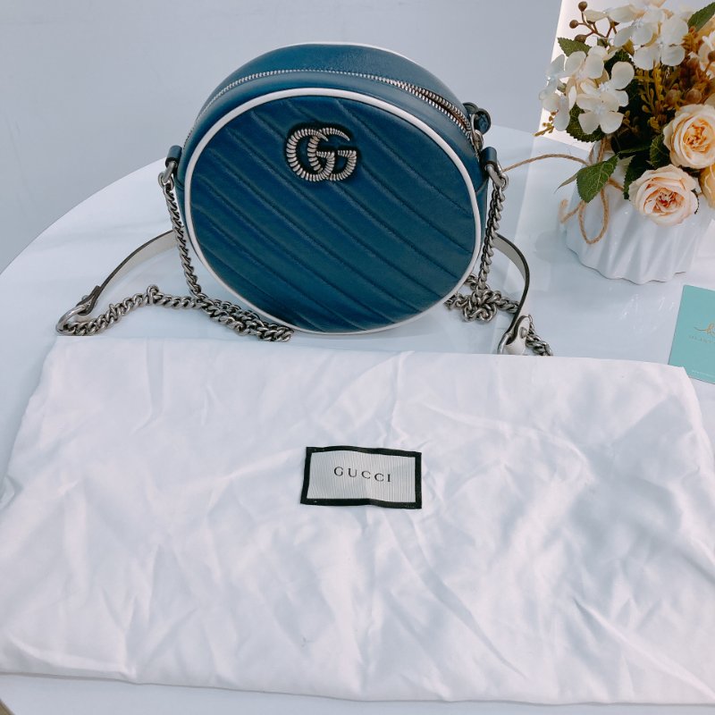 MS0600 Gucci 古馳 圓餅 斜背 牛皮 斜紋 軍藍色 螺絲紋銀扣 GG Marmont Round Bag Mini Calfskin Navy and White x PHW-16