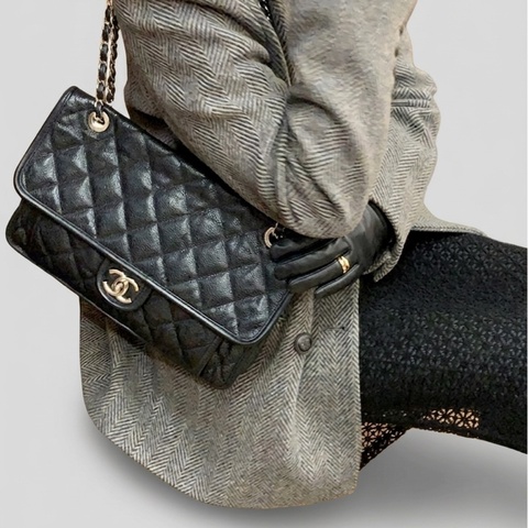 Chanel 香奈兒 黑銀荔枝牛皮CF機場包 18開 尺寸30×6×20