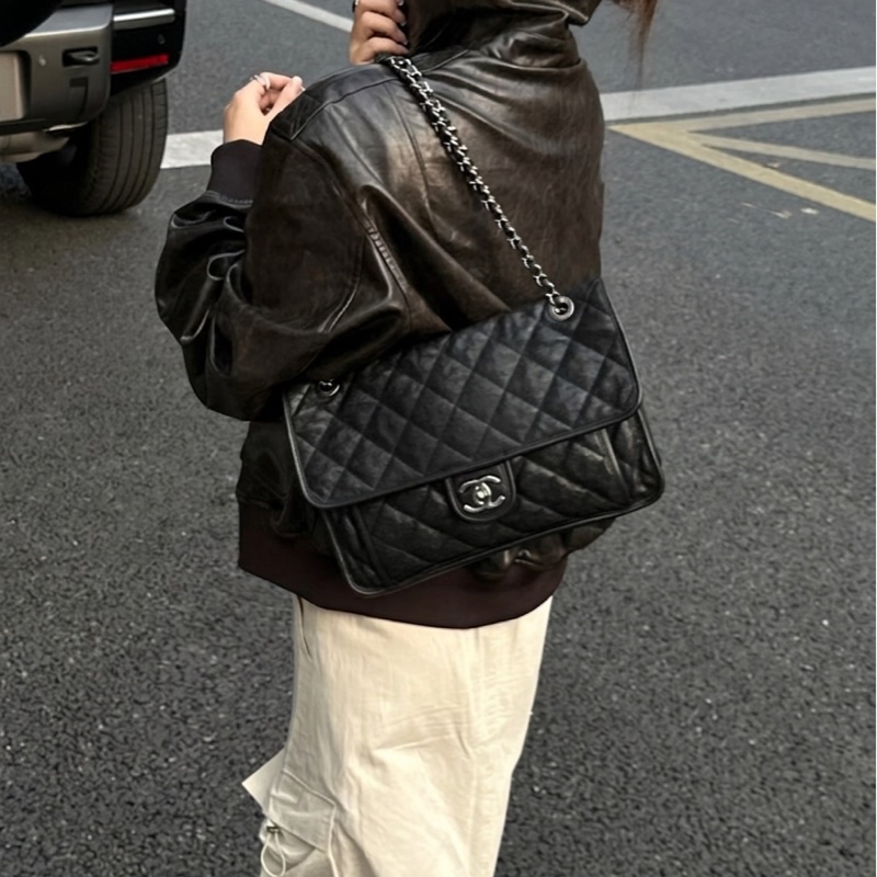 Chanel 香奈兒 黑銀荔枝牛皮CF機場包 18開 尺寸30×6×20-1