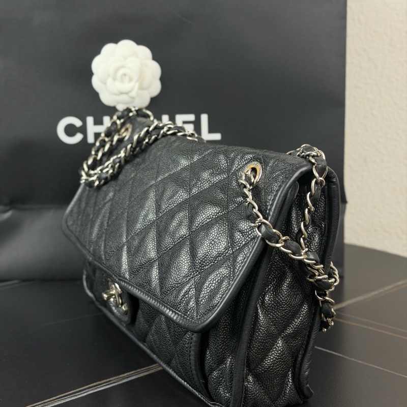 Chanel 香奈兒 黑銀荔枝牛皮CF機場包 18開 尺寸30×6×20-4