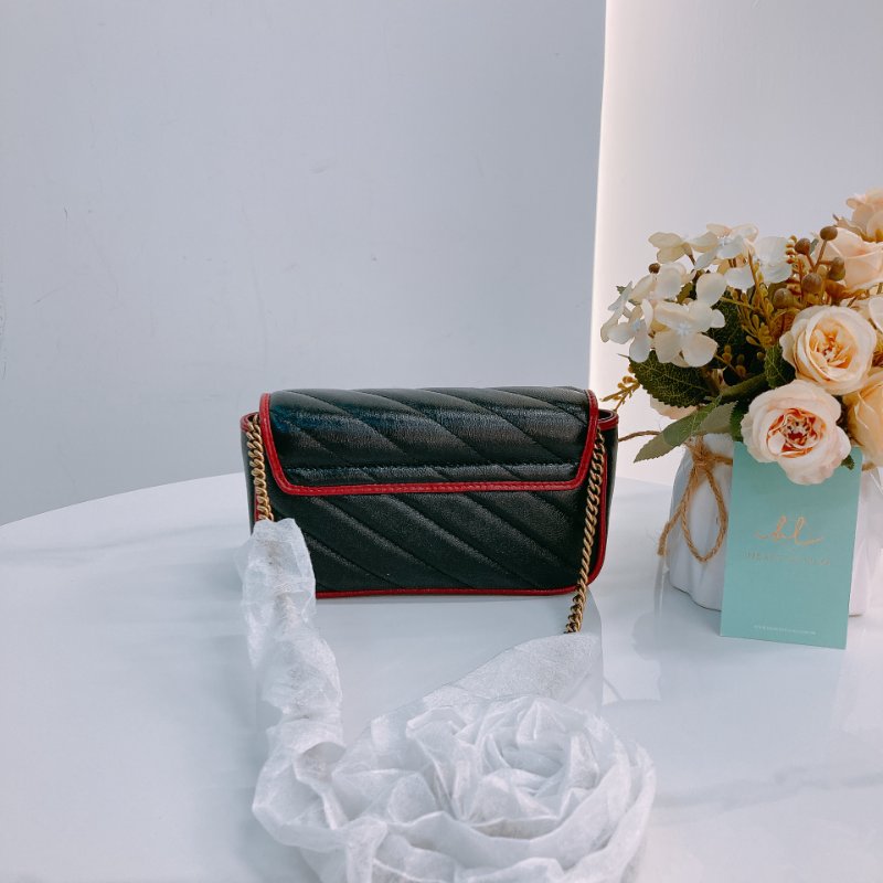 MS0601 Gucci 古馳 經典 斜紋 超迷你 斜背包 可綁結鏈條 牛皮 黑色 紅邊 金扣 GG Marmont Super Mini Calfskin Black and Red x GHW-1