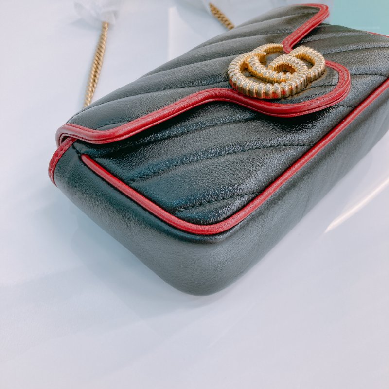 MS0601 Gucci 古馳 經典 斜紋 超迷你 斜背包 可綁結鏈條 牛皮 黑色 紅邊 金扣 GG Marmont Super Mini Calfskin Black and Red x GHW-5